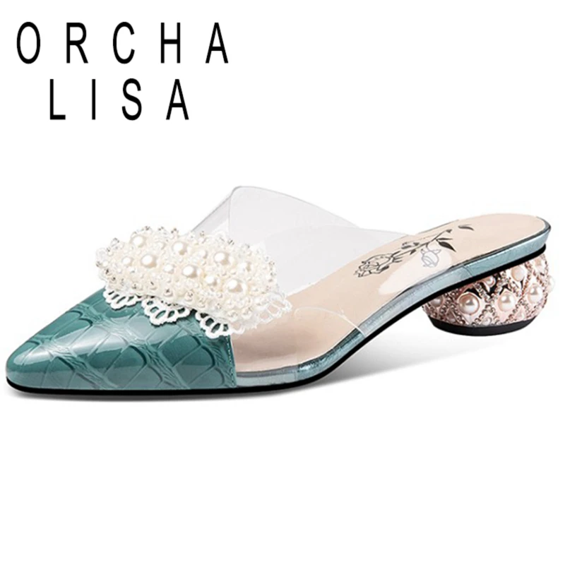 

ORCHA LISA 2021 Genuine Leather Rhinestone Ladies Slippers Alligator Texture Flowers Shiny Strange Heel 4.5cm US12 Beige A4236