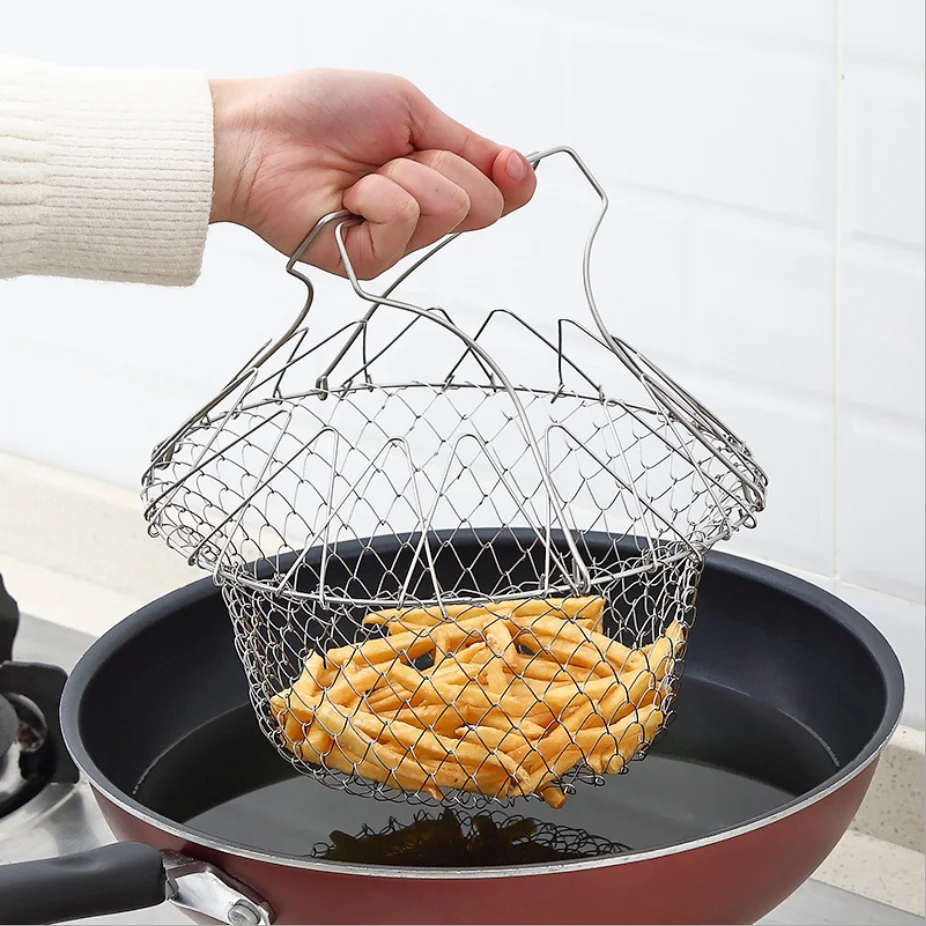 

1/2pcs Foldable Steam Rinse Strain Fry French Chef Basket Magic Basket Mesh Basket Strainer Net Kitchen Cooking Tool Dropship