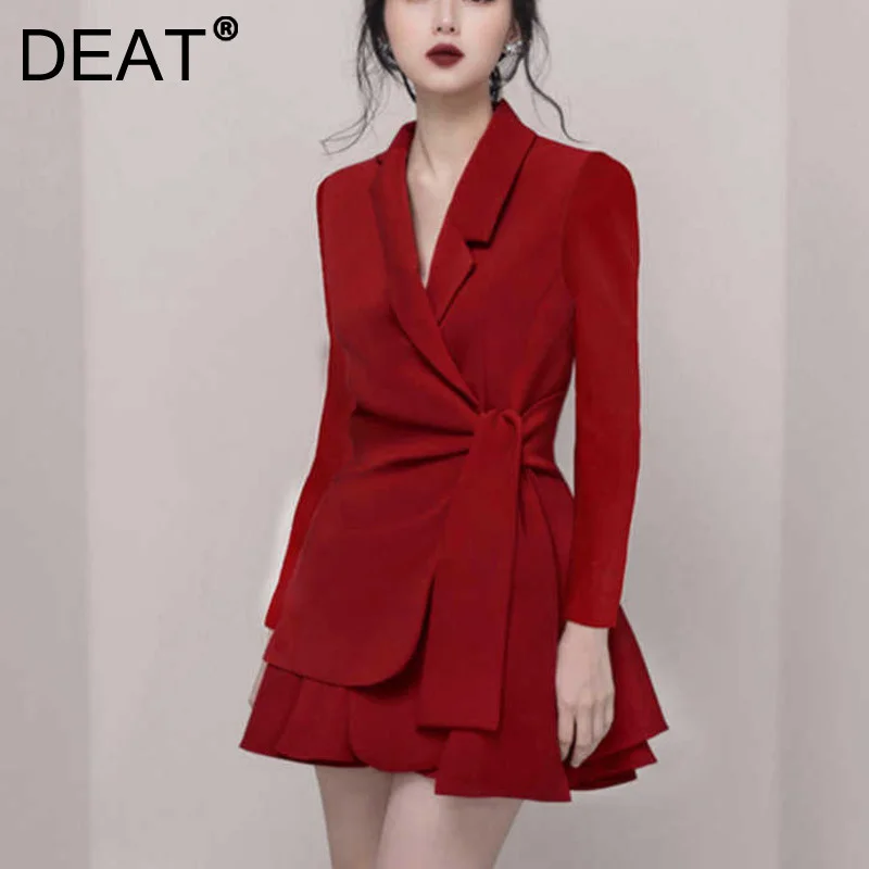 

Женское мини-платье с высокой талией DEAT, офисное платье с отложным воротником, модель WF11303L на зиму, 2021