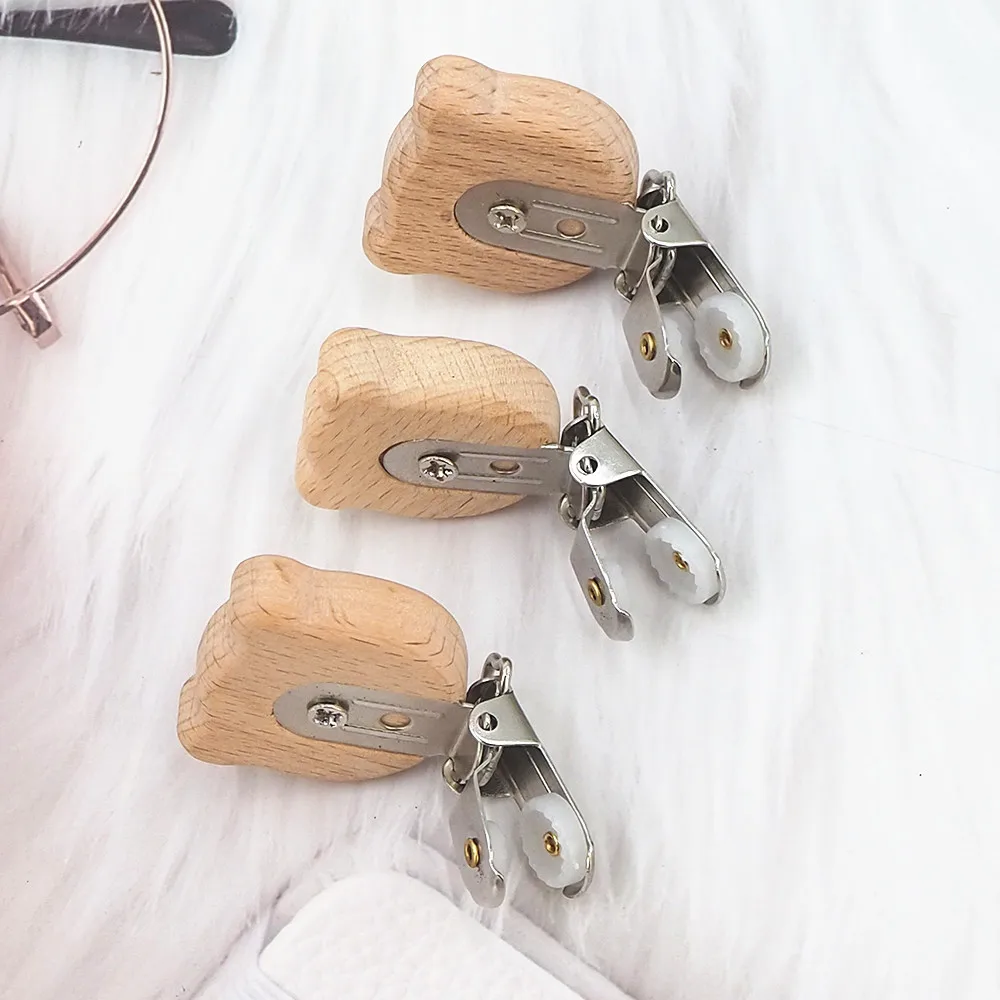 Chenkai-Clips de estrella redonda para coche, cadena de chupete natural de oso de madera, coraz&oacute;n, p&aacute;jaro, elefante, libre de BPA, bricolaje, 50 Uds.-3