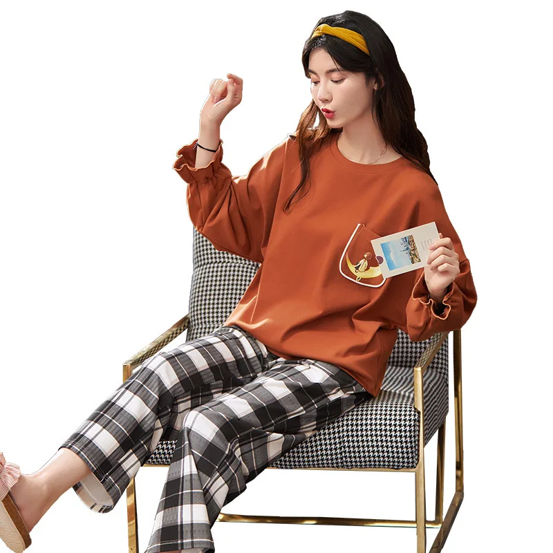 

Autumn New Style Cotton Pajamas Women's Japanese and Korean Long-sleeved Sweet and Cute Two-piece Casual Home Wear Dormir Tops