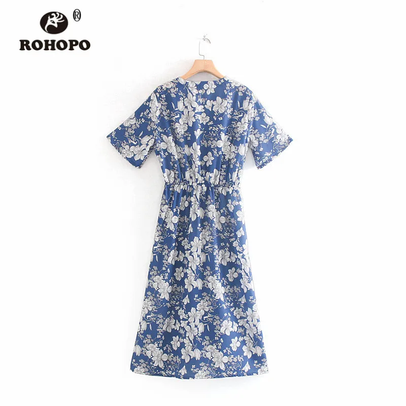 ROHOPO/Белое цветочное синее платье миди с коротким рукавом туника v образным