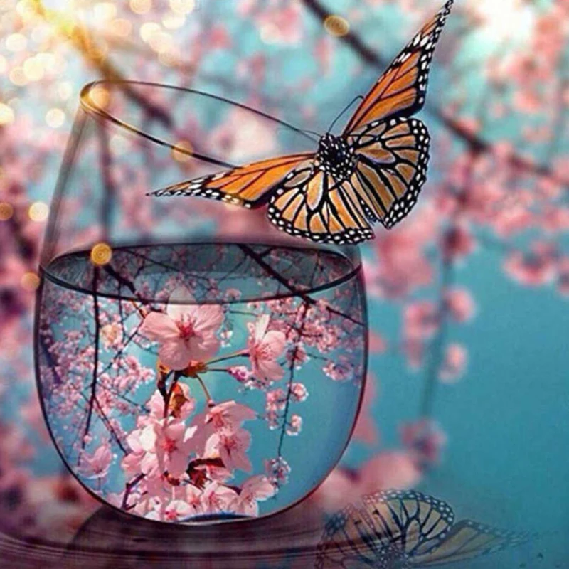 

New 5D Diy Diamond Painting Cross Stitch Peach Blossom Butterfly Diamond embroidery Crystal Round Rhinestone Mosaic Picture