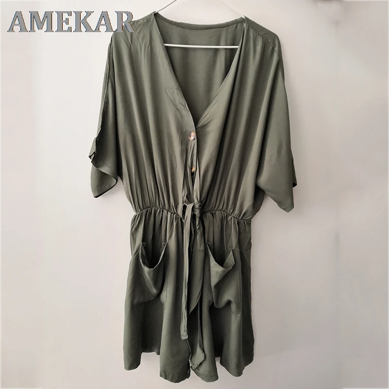 

V neck button casual rompers overalls women bowknot wide leg blue rompers playsuits loose summer autumn rompers 2021