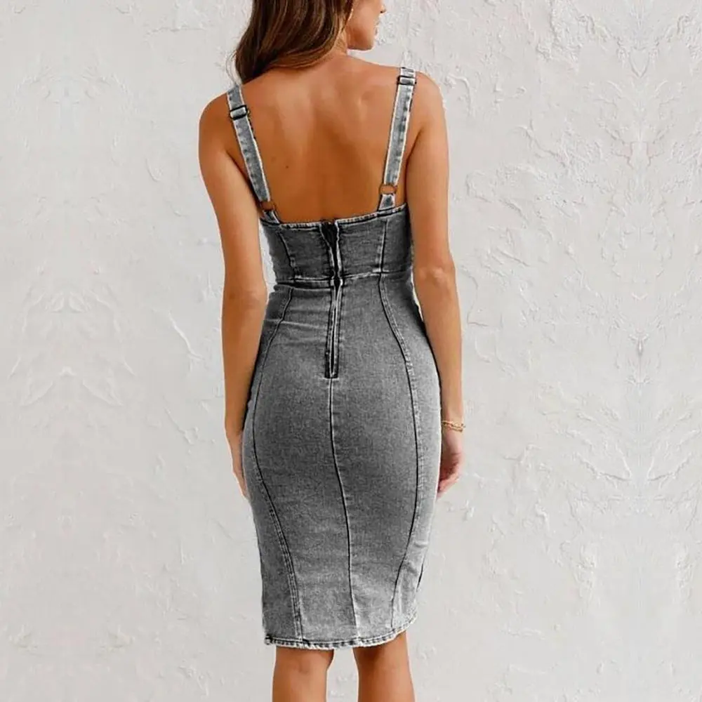 

WildPinky 2021 Summer Denim Dress Women Elegant Spaghetti Strap Sexy O-Neck Vintage Casual Female Split Short Dress Vestidos