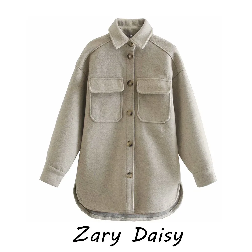 

Zary Daisy 2021 Women's Loose and Simple Women's and Men's Pocket Split Medium Length Shirt Style Woolen Coats