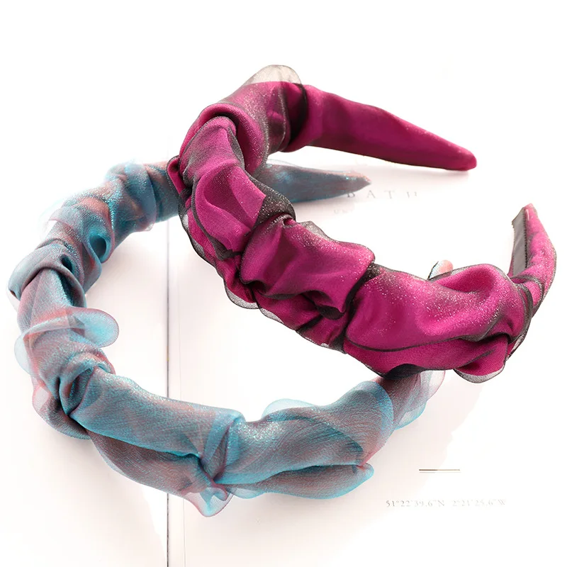 

Hot Sale New Fashion Hairband Plain Color Yarn Lace Fabric Pleated Headband Korean Headbands for Women Hair Accessories