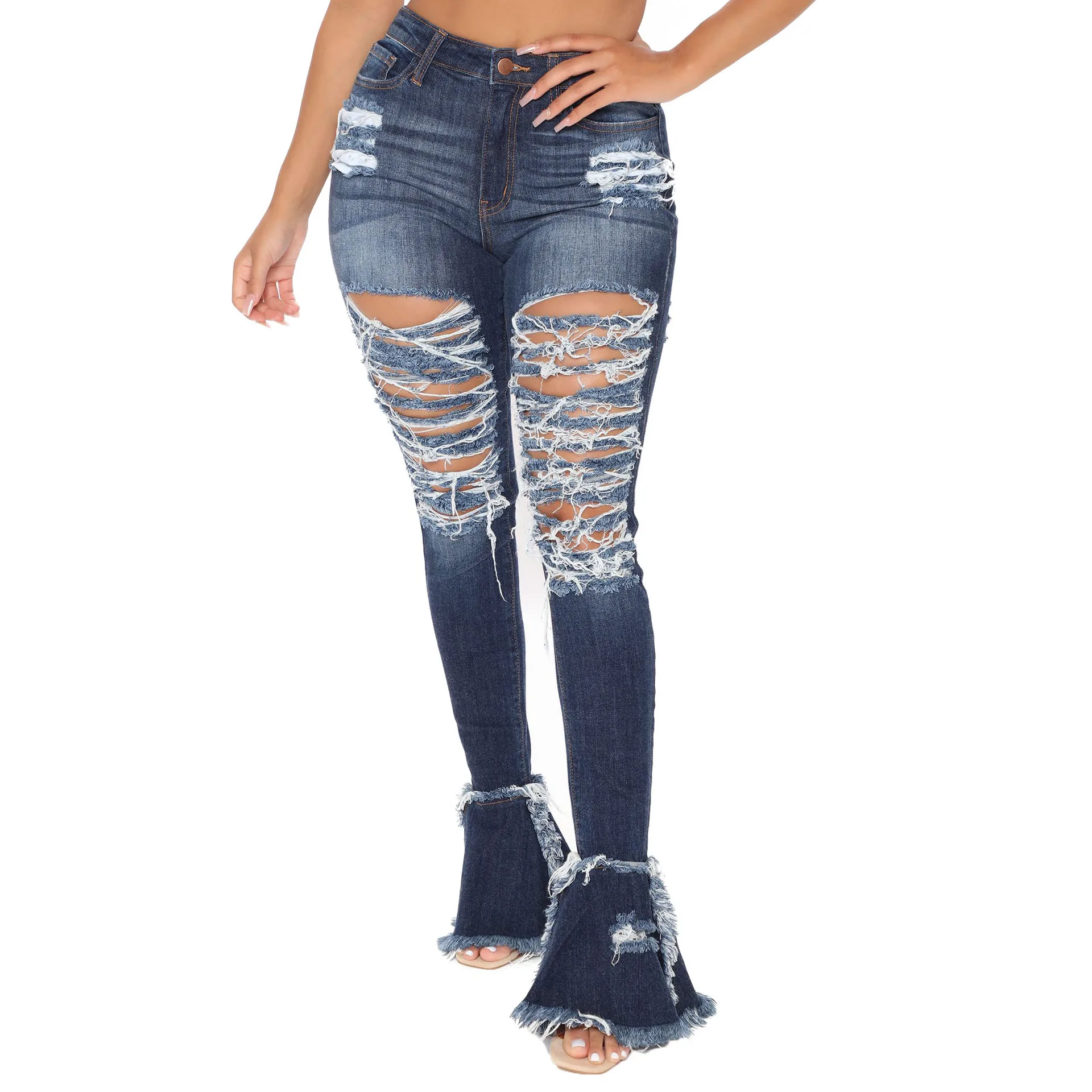 

Red Blue High Waisted Denim Pants Jeans Fashion Classic Hole Bodycon Flare Pants Trousers For Women Fall Streetwear