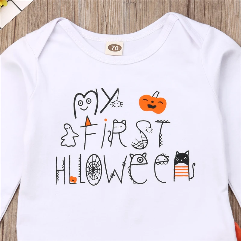 0-24M Newborn Baby Boy Girl Halloween clothes Pumpkin Outfit Romper Jumpsuit+Striped Pants 2019 Autumn Clothing Set | Детская одежда и