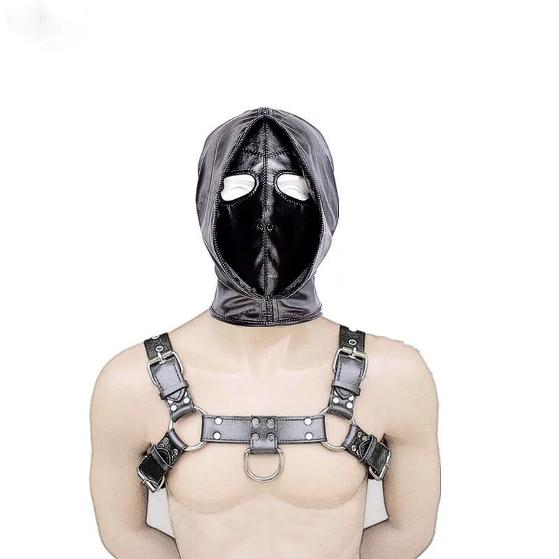 

Bondage PU Leather Hood Mask Zipper Closed Erotic Toy,Bulldog Warrior Chest Belt Chest Harness Gay Buckles Fetish For Man