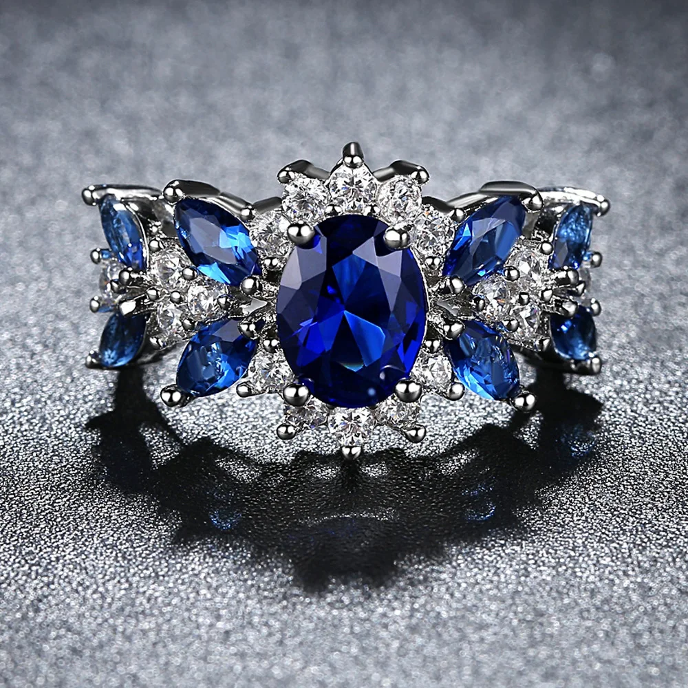 

Classic Blue Crystal Wedding Ring Rhinestone Fashion Engagement Christmas Gift Jewelry Charm Women Cocktail Party Ring