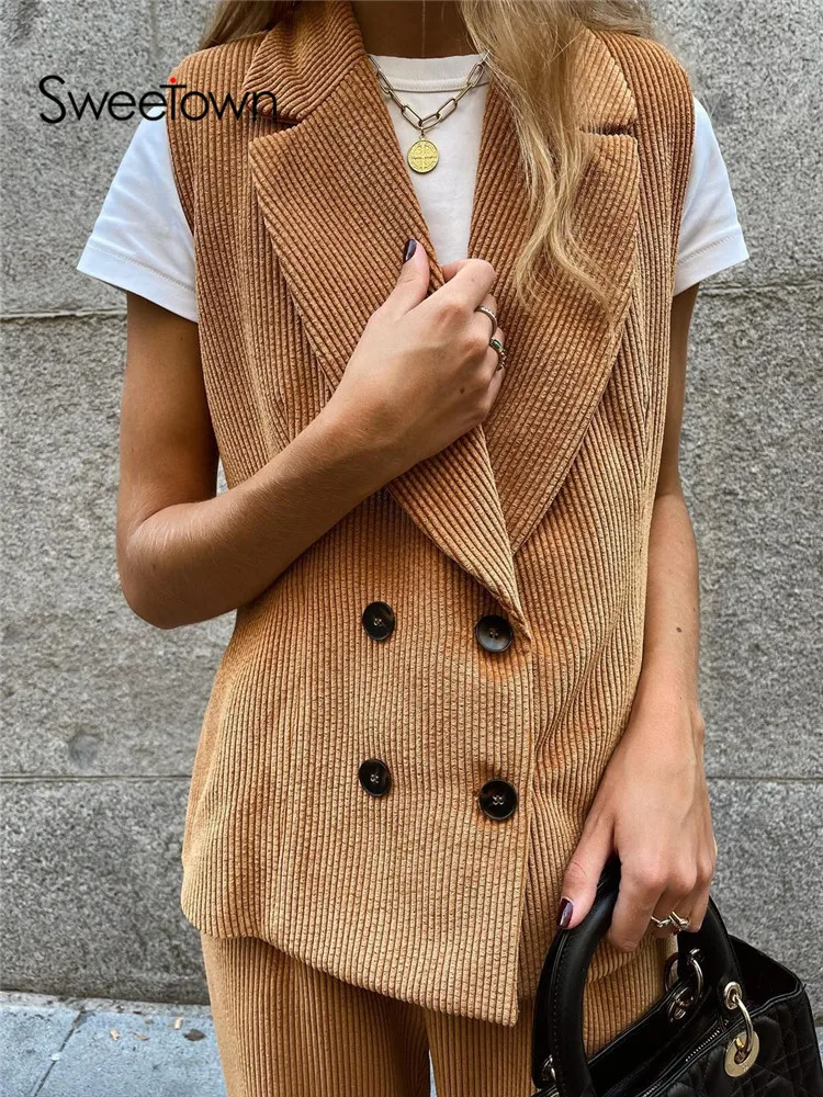 

Sweetown Khaki Solid Corduroy Jackets Vests For Women 2021 Button Up England Elegant Vintage Clothes Sleeveless Casual Outwear