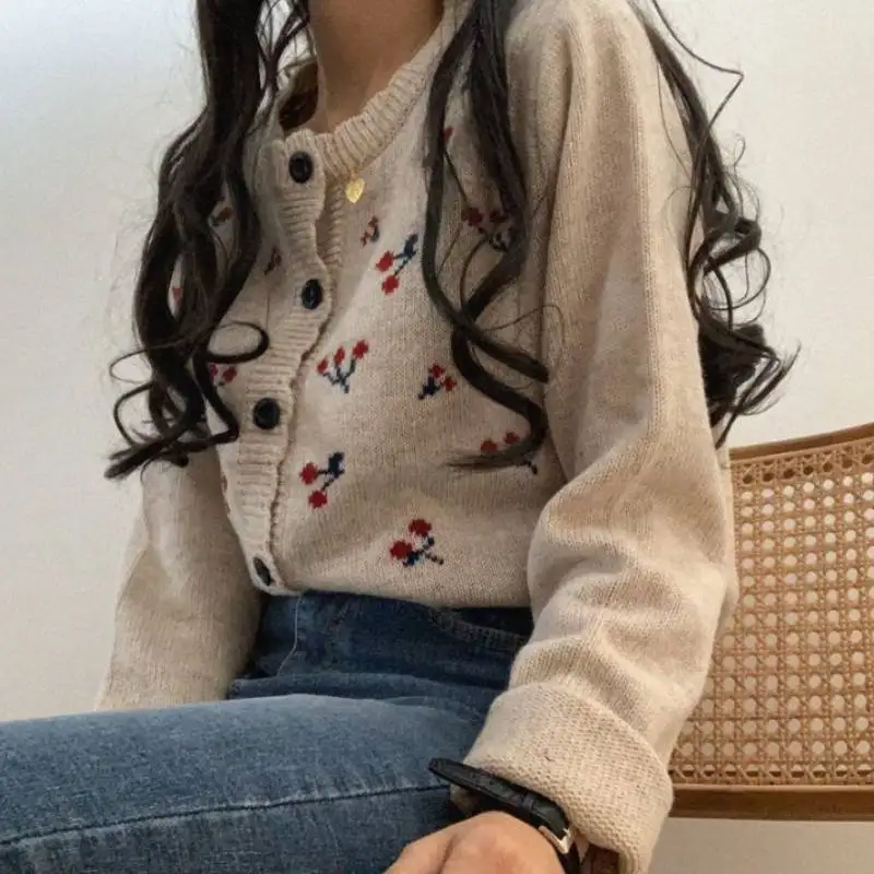 

Ladies Sweet Cardigan Flower Print Korean Chic Knitted Sweater Jacket Gil Sewing Cute Knitted Jacket Street Style Spring Modis
