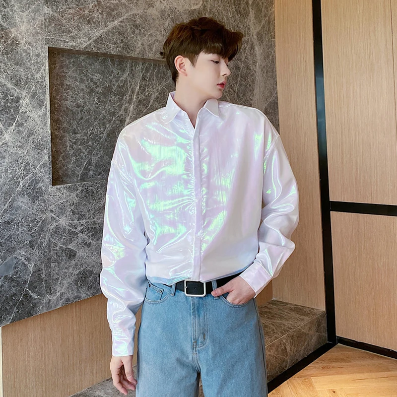 

Mens New Fashion Organza Glitter Long Sleeves Loose Shirt Top Stage Clubwear