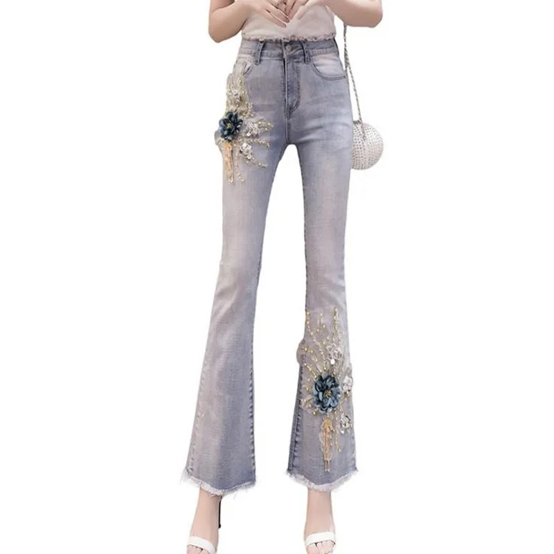 

New micro speaker denim pants women's elastic three-dimensional flower personalized comfortable burr waistband jeans women cloth