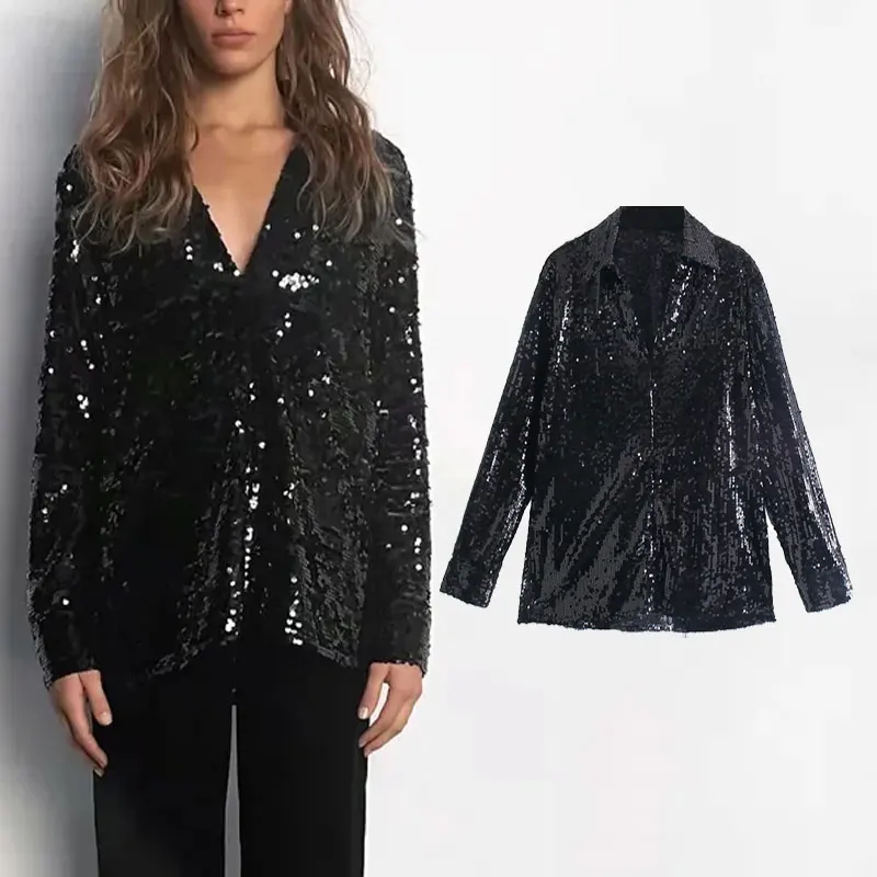 

Женская блузка с отложным воротником Za, винтажная рубашка с длинным рукавом и блестками, свободная уличная одежда, шикарные блузки, топы, ос...