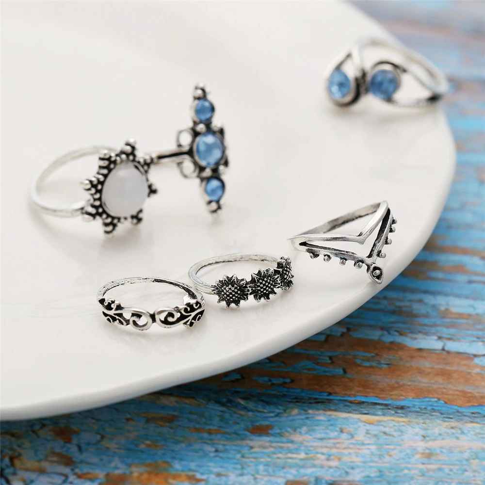 Винтажные наборы с синими кристаллами и цветами геометрические кольца от солнца