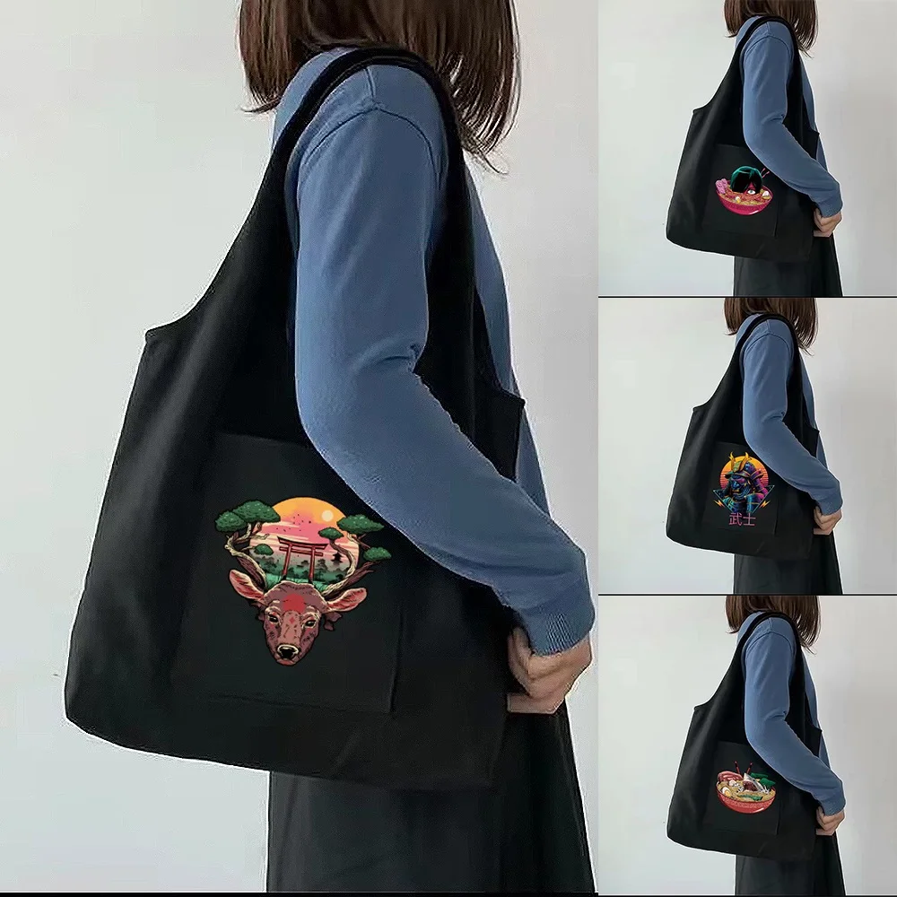 

Large-capacity Canvas Bag Ladies Travel Portable Messenger One-shoulder Shopping Bag Foldable and Reusable with Side Pockets
