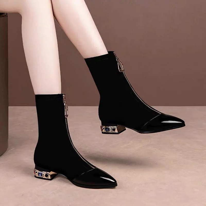 

2021 NEW Stretch Sock Boots Woman,Autumn Shoes,Slim Short Boot,Pointed Toe,Low Block Heel,Front Zip,BLACK,Dropshipping