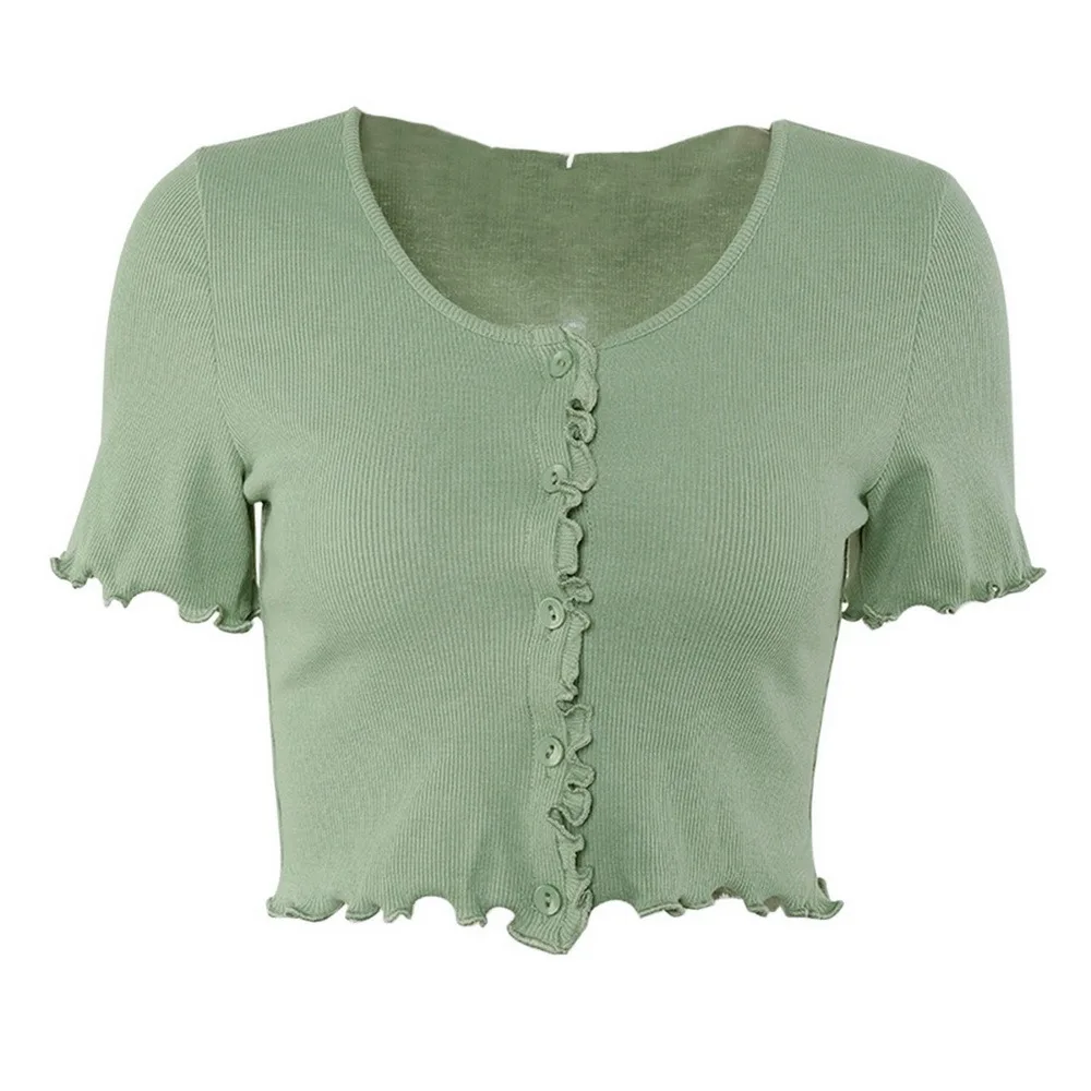 

Women's Solid Color Ribbed Cropped Wavy Solid Color Short-sleeved Button Top Ruffle Comfortable T Shirt Women Tops Women 2021