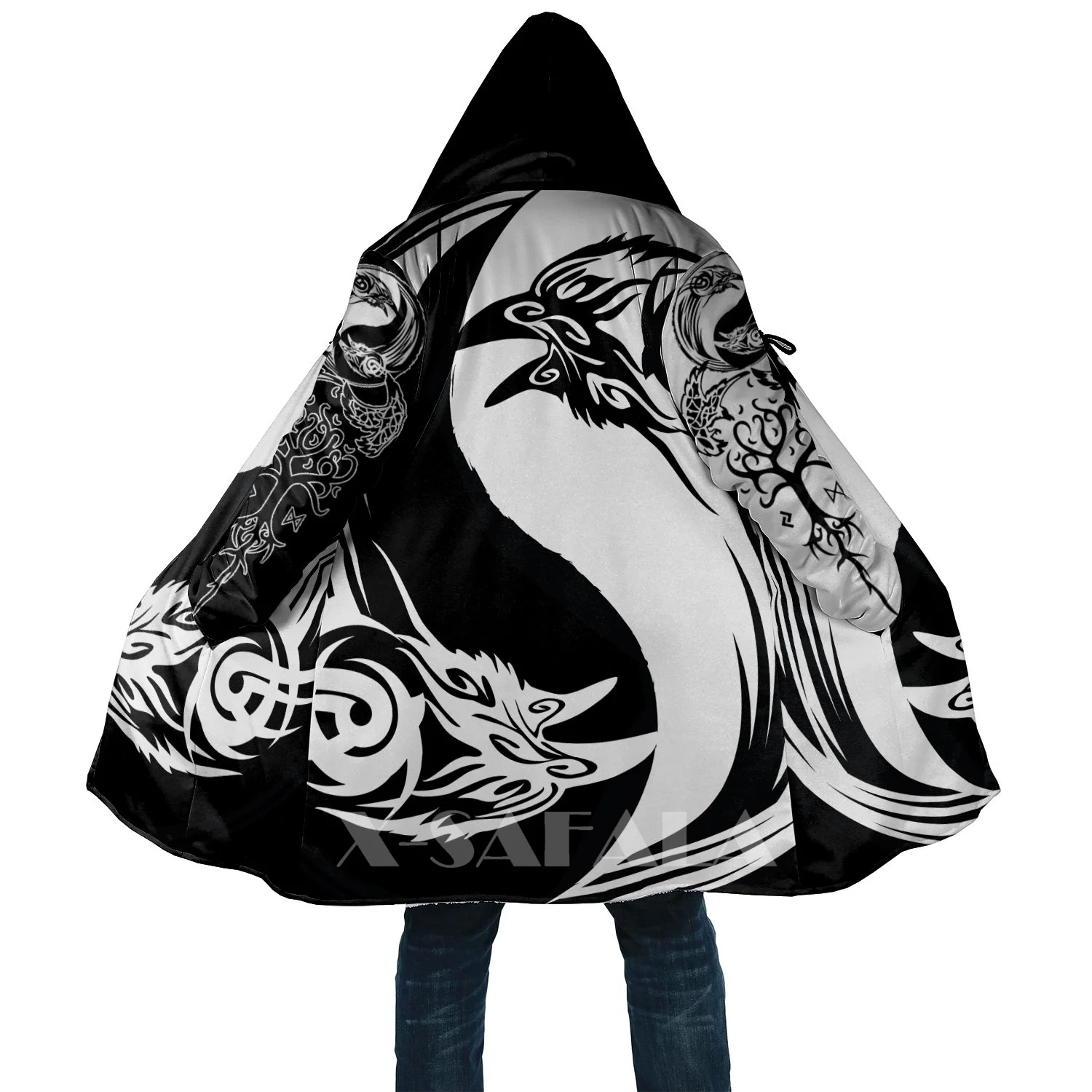 

Стиль викингов Ying Yang Raven трехмерные пуловеры с принтом, пальто, пальто, Толстая теплая накидка с капюшоном, пальто, ветрозащитное пальто