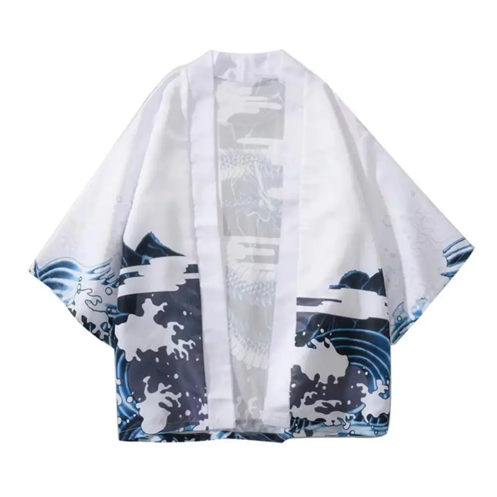 

Casual Men Wave Dragon 3/4 Sleeve Open Front Kimono Yukata Cardigan Coat Shirt
