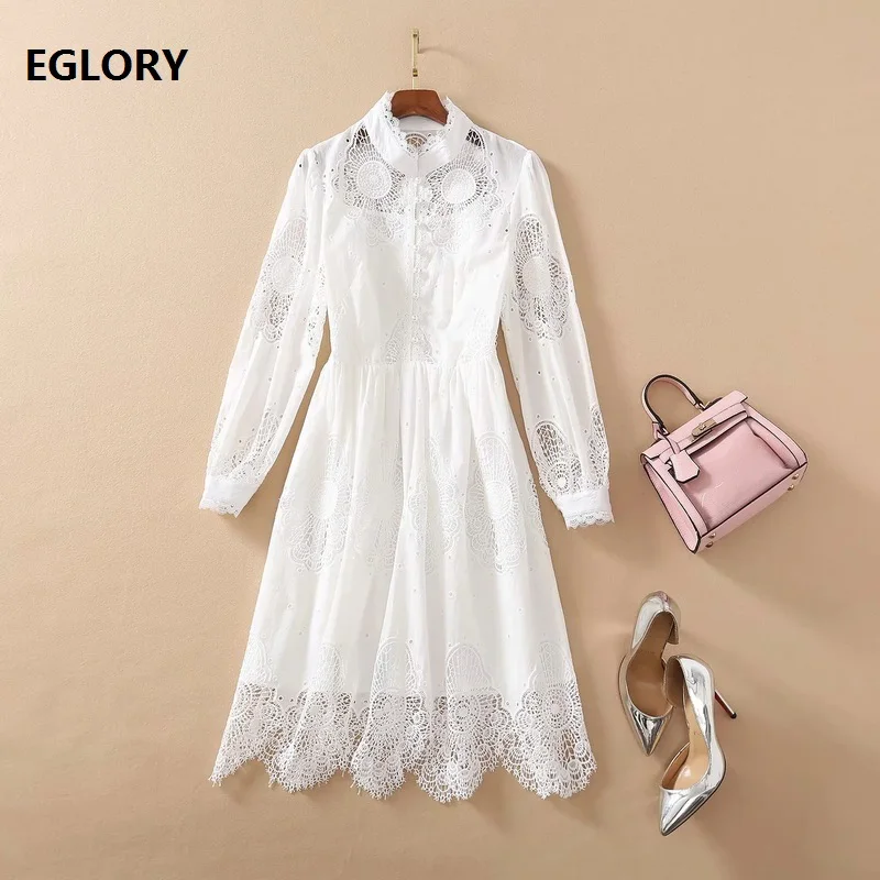 Hollow Out Embroidery Dress 2021 Spring Summer Fashion Style Women Tunic Buttons Front Long Sleeve Casual Party Club White Dress