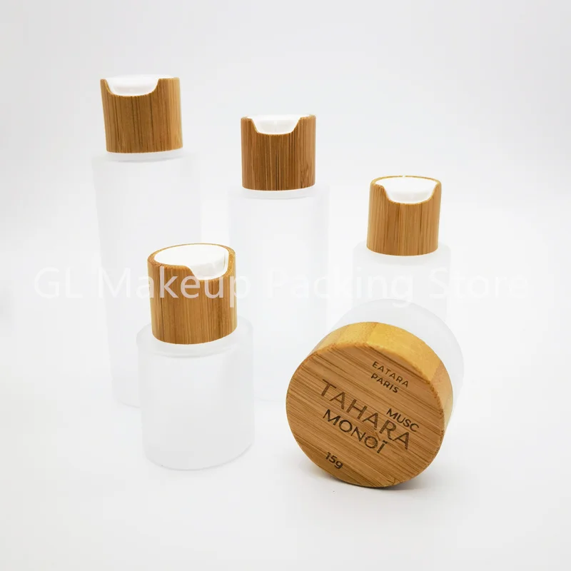 

Frosted Clear Glass Dropper Bottle With Bamboo Lid Bamboo Cosmetic Packaging Essential Oil Serum Bottle 20Ml 30Ml 40Ml 60Ml 80Ml