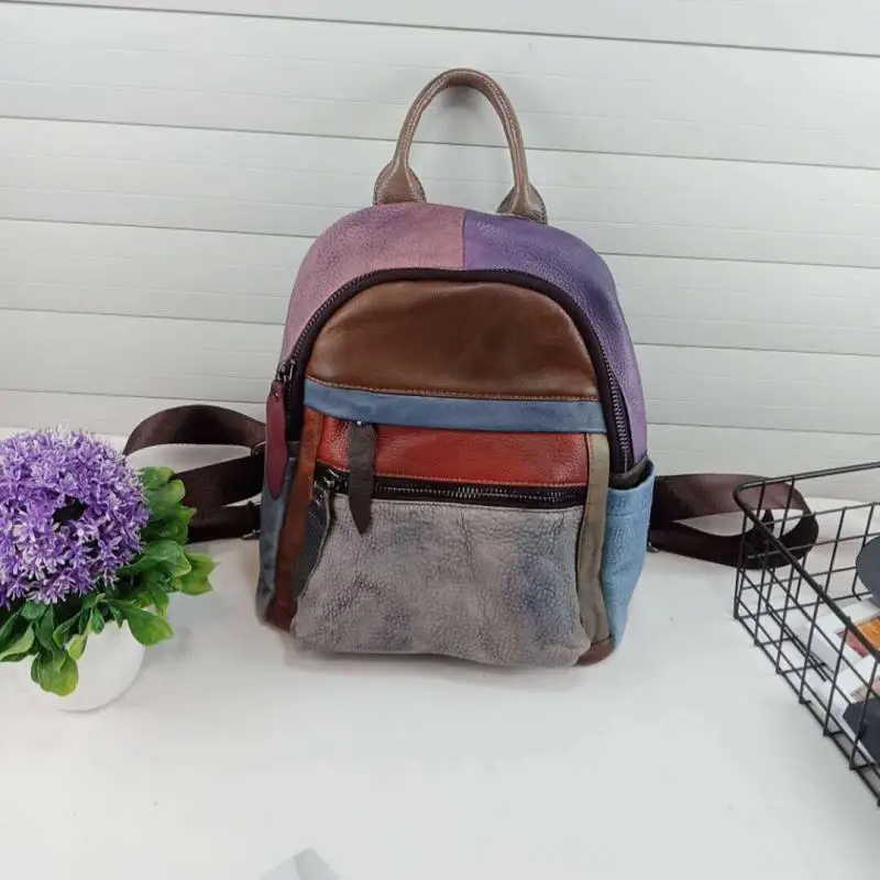Женский винтажный рюкзак на плечо Johnature из воловьей кожи с вставками в стиле