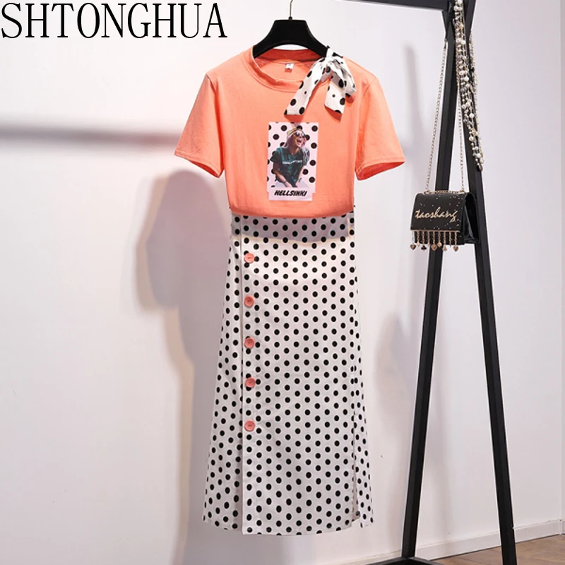 Летний женский комплект одежды из 2 предметов с принтом в горошек футболка бантом