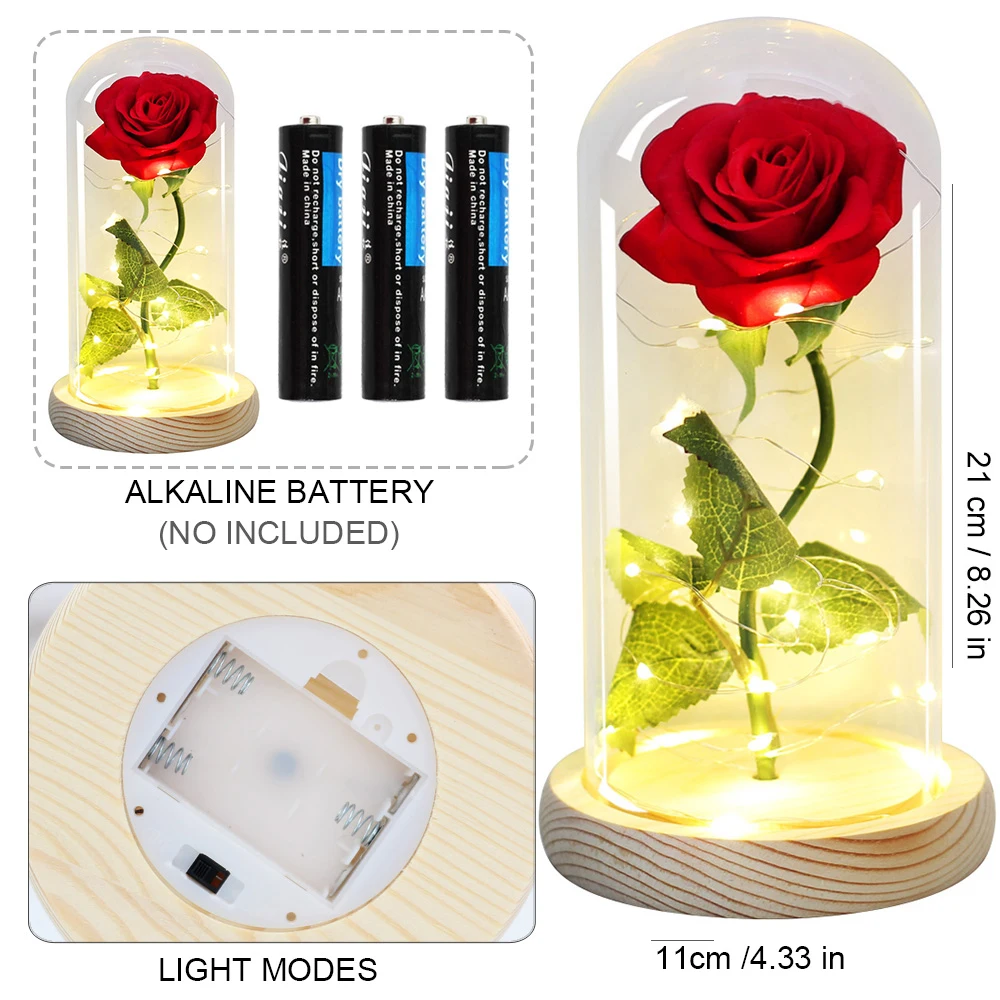 New Valentine's Day Gift LED Light Rose Gold Plated Red Glass Dome Belle And The Beast Roses For Mothers Wedding Party | Дом и сад