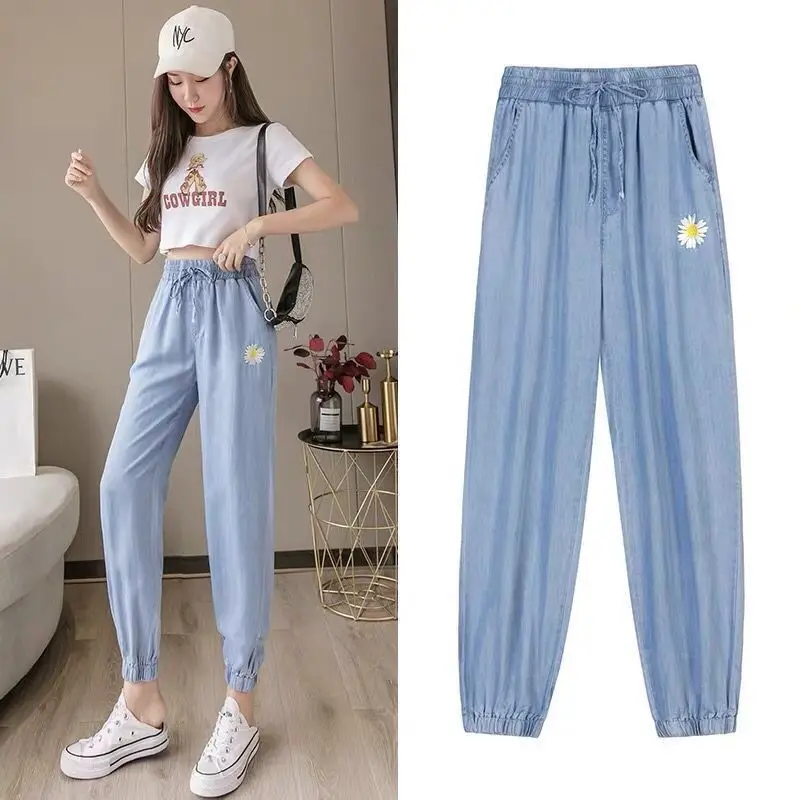 

Women Baggy Jeans Summer Thin Long Denim Pants High Waist Elastic Chic Sunflower Embroidery Trouser Harem Pencil Pants wholesale