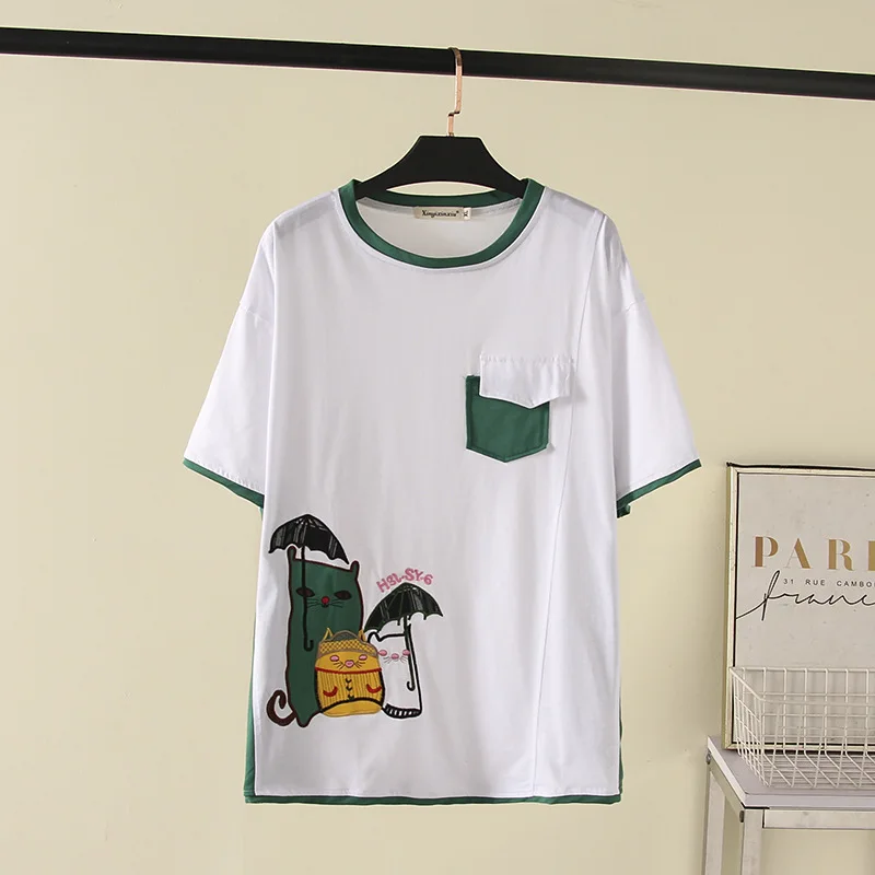 

Plus Size XL-4XL Women's White Green Tshirts Cat Embroidery Tops Oversize Shirts