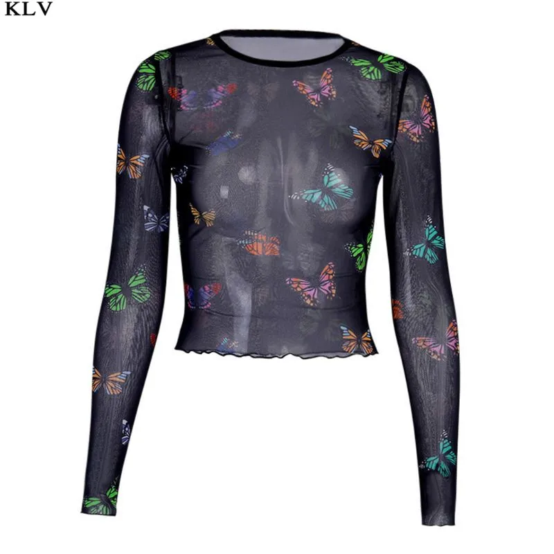 Женская сетчатая Сексуальная футболка с оборками и разноцветными бабочками