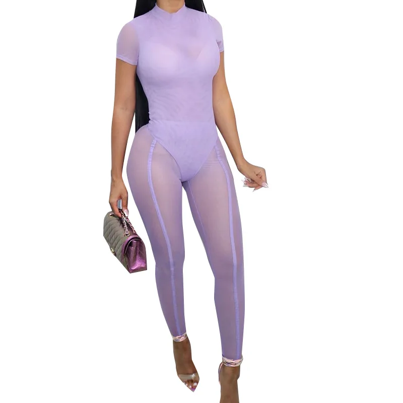 

European and American women's new solid color stitching short-sleeved one-piece hollow slim trousers mesh suit