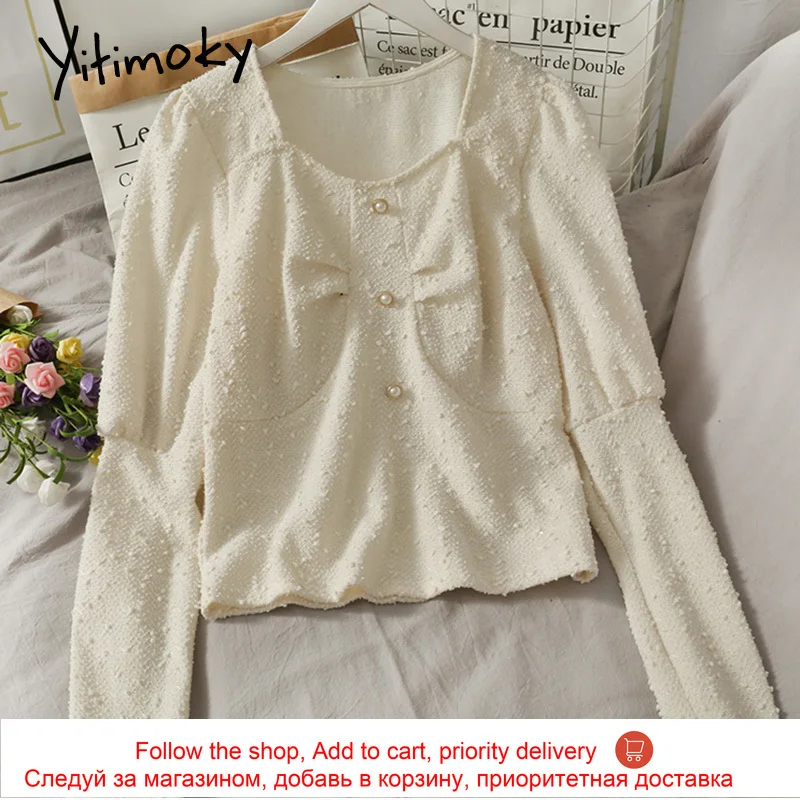 

Yitimoky Blouse for Women Spring 2021 Korean Fashion Shirt Long Sleeve Button Up Top Casual Square Collar White Black Clothes