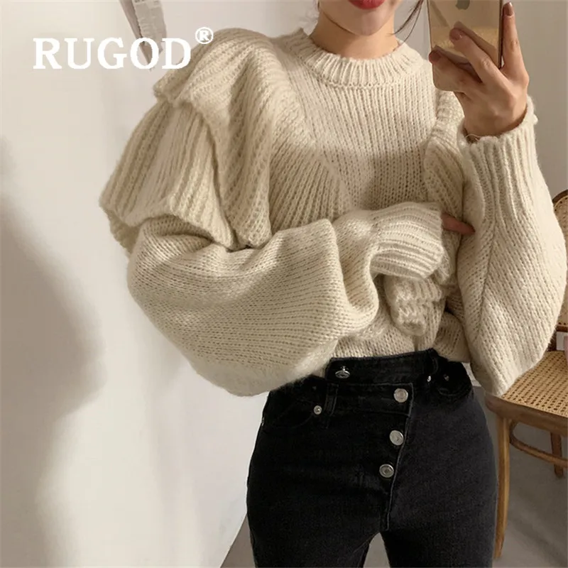 Женский свитер оверсайз RUGOD вязаный с оборками зимний в Корейском стиле 2019 |