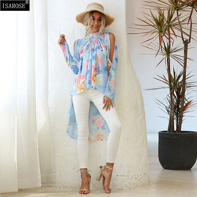 

ISAROSE Plus Size Tops Women Fashion Chiffon Blouses Hollow Raglan Sleeve Flower Printed Loose Long Back Asymmetrical Clothes