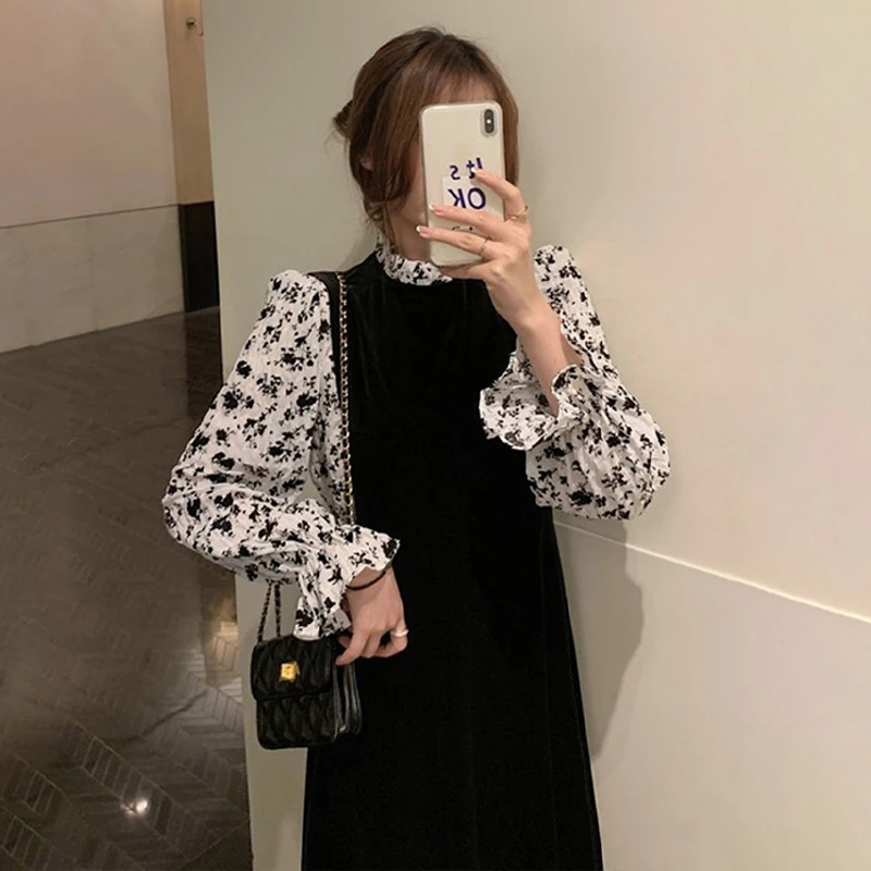 

French Velvet Black Floral Dress Winter Long Sleeve Women Stitching Designer Dress 2020 Korean One-piece Lady Party Midi Dress