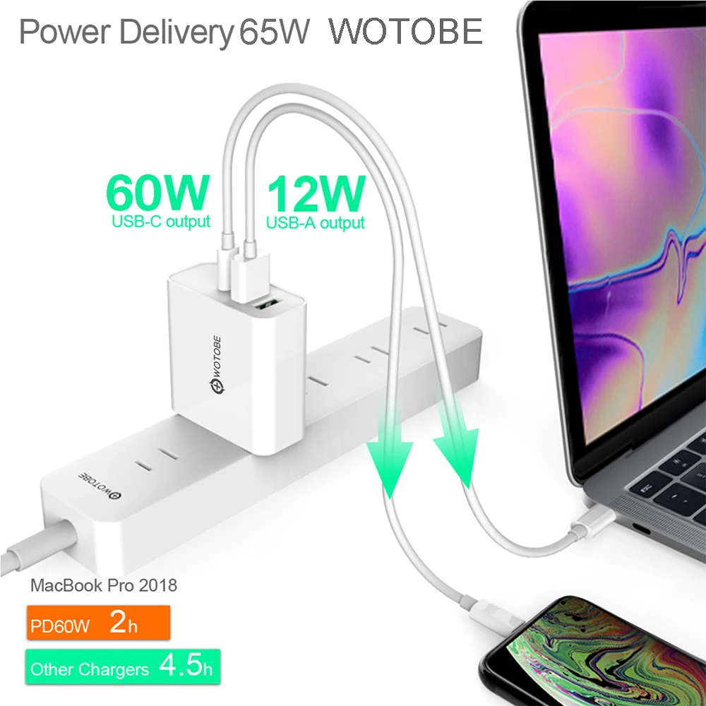 65W TYPE-C USB-C Power Adapter USB PD65W/60W/45W QC3.0 Charger 2M USB-C cable For USB-C Laptops MacBook Pro/Air iPad Pro iPhone