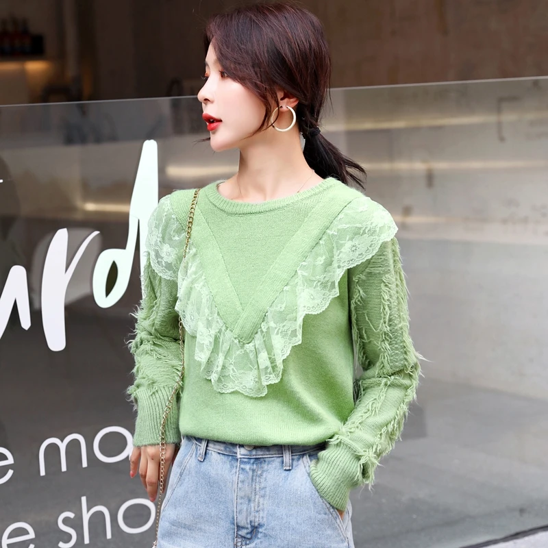BLLOCUE 2019 New Autumn Winter High Quality Sweater Pullover Women Elegant Loose Wool Knitted Long Sleeve Ruffles Tassels Knitwear | Женская