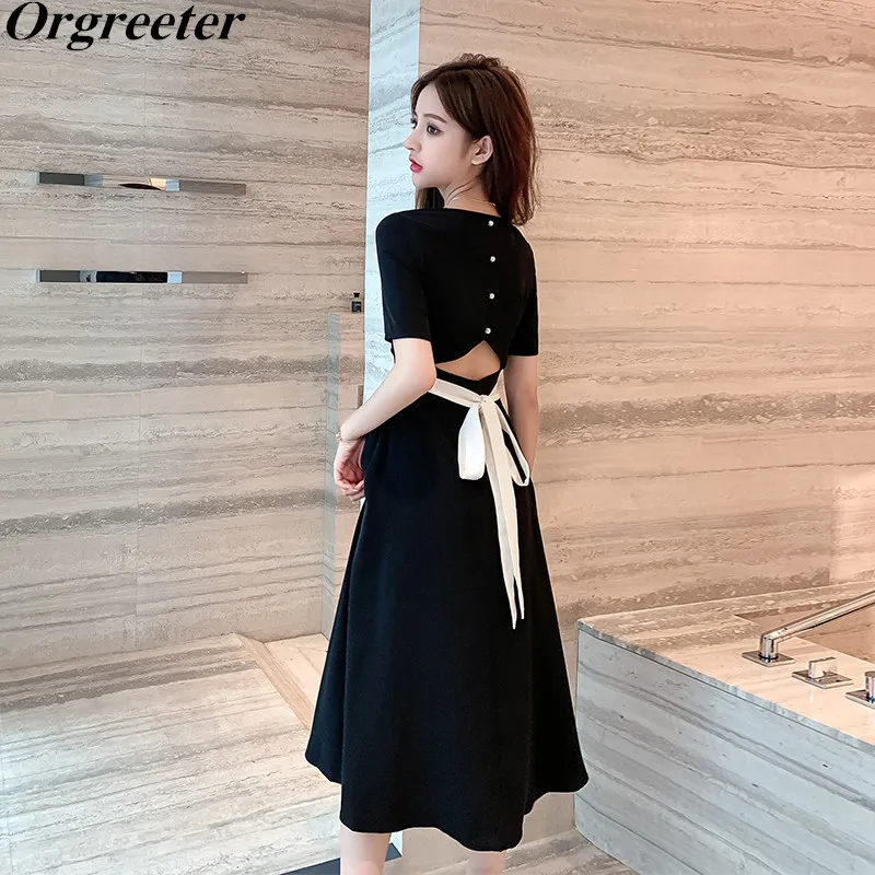 

Женское однобортное платье в винтажном стиле Хепберн, повседневное однотонное платье с квадратной талией, поясом и бантом на спине, лето 2020