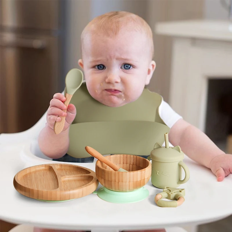 Conjunto de alimentaci&oacute;n para beb&eacute;, set de vajilla de bamb&uacute; con taza de silicona, juego de platos, taz&oacute;n y cuencos, regalo infantil-5