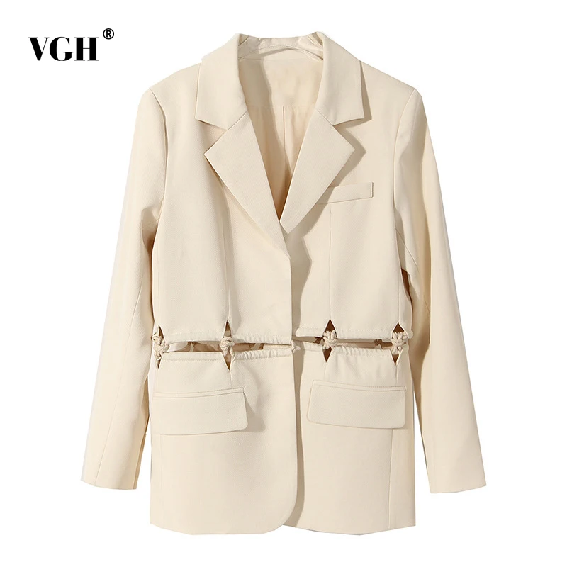 

VGH Apricot Casual Cut Out Female Blazers Notched Long Sleeve Korean Fashion Patchwork Straight Women's Jacket Autumn 2021 Style