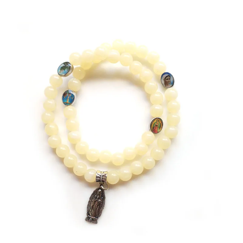 

QIGO Beige Acrylic Beads Strand Bracelets Double Layer Vintage Virgin Pendant Bangle Religious Jewelry
