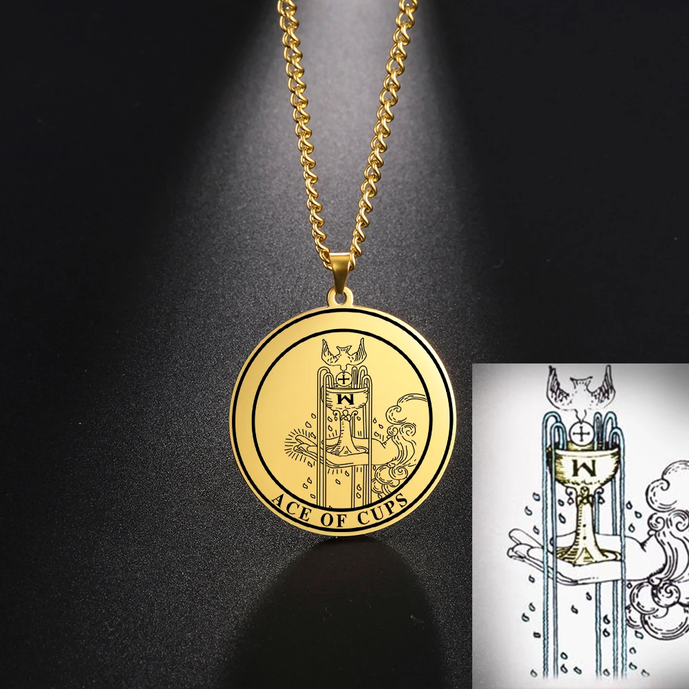 

Gold Color The Cups Tarot Necklace Men Stainless Steel Jewelry Minor Arcana Talisman Pendant Good Luck Amulet Christmas Gifts