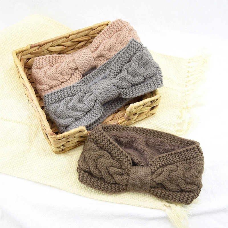 

Wide Headwrap Hair Accessories Furry Fleece Lined Soft Elastic Solid Color Knitted Headband Warmer Ear Crochet Bow