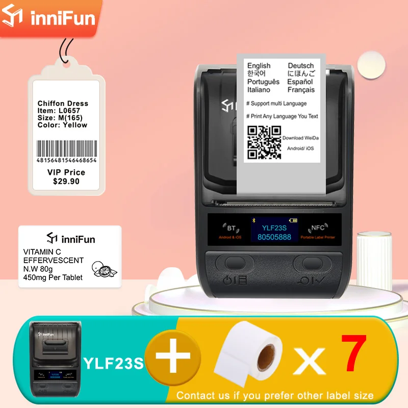 Innifun-Impresora térmica y 7 rollos de etiquetas en blanco, fabricante de etiquetas adhesivas de código de barras, inalámbrico, Bluetooth, Android e iOS