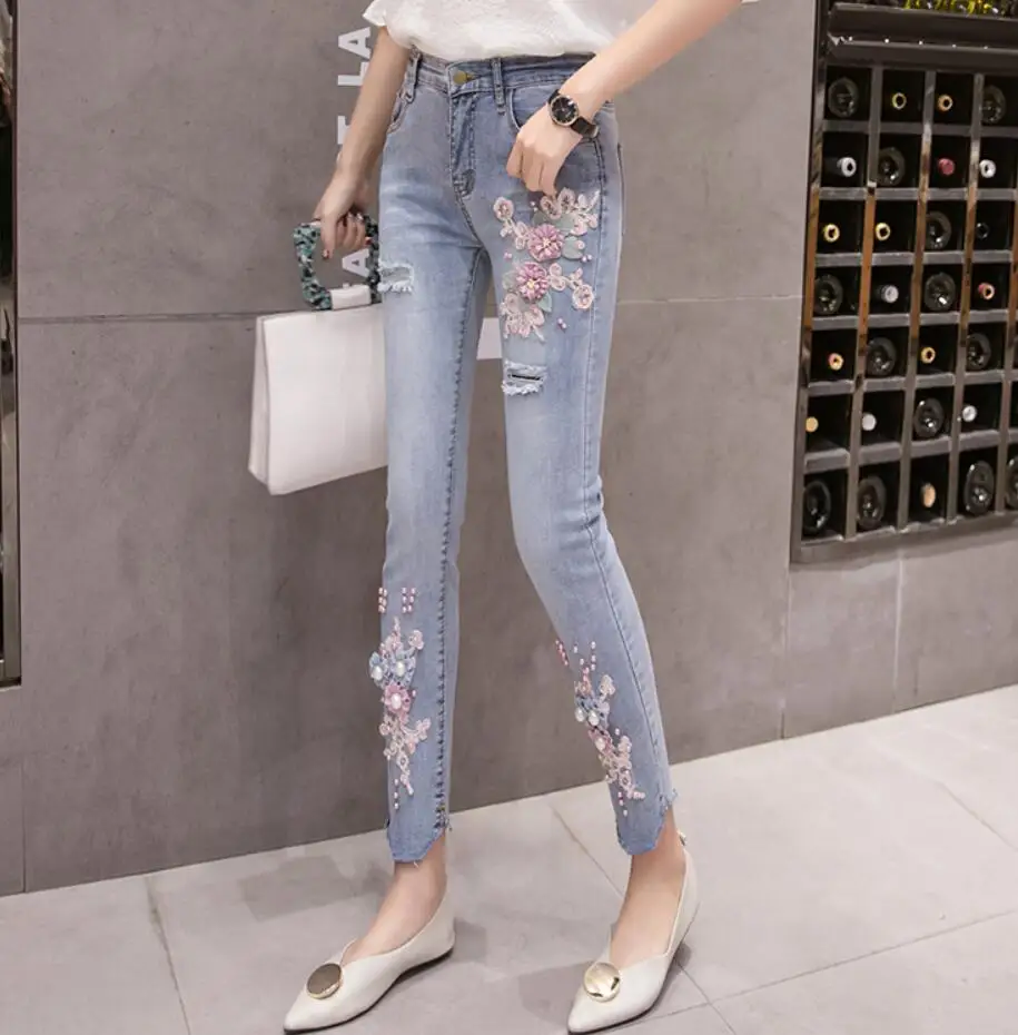 

Pearl 3D Flower Embroidery Jeans Elastic High Waist Jeans Women Hole Ripped Denim Pants Skinny Pencil Pants Plus Size s802