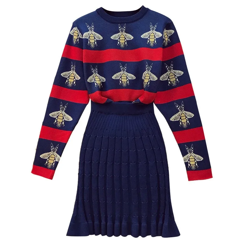 

Vintage Sweet Womens Knitted Sweater 2Pcs Outfits Long Sleeve Panelled Striped Pullover Top Elastic Waist Wrap Pleated Skirts